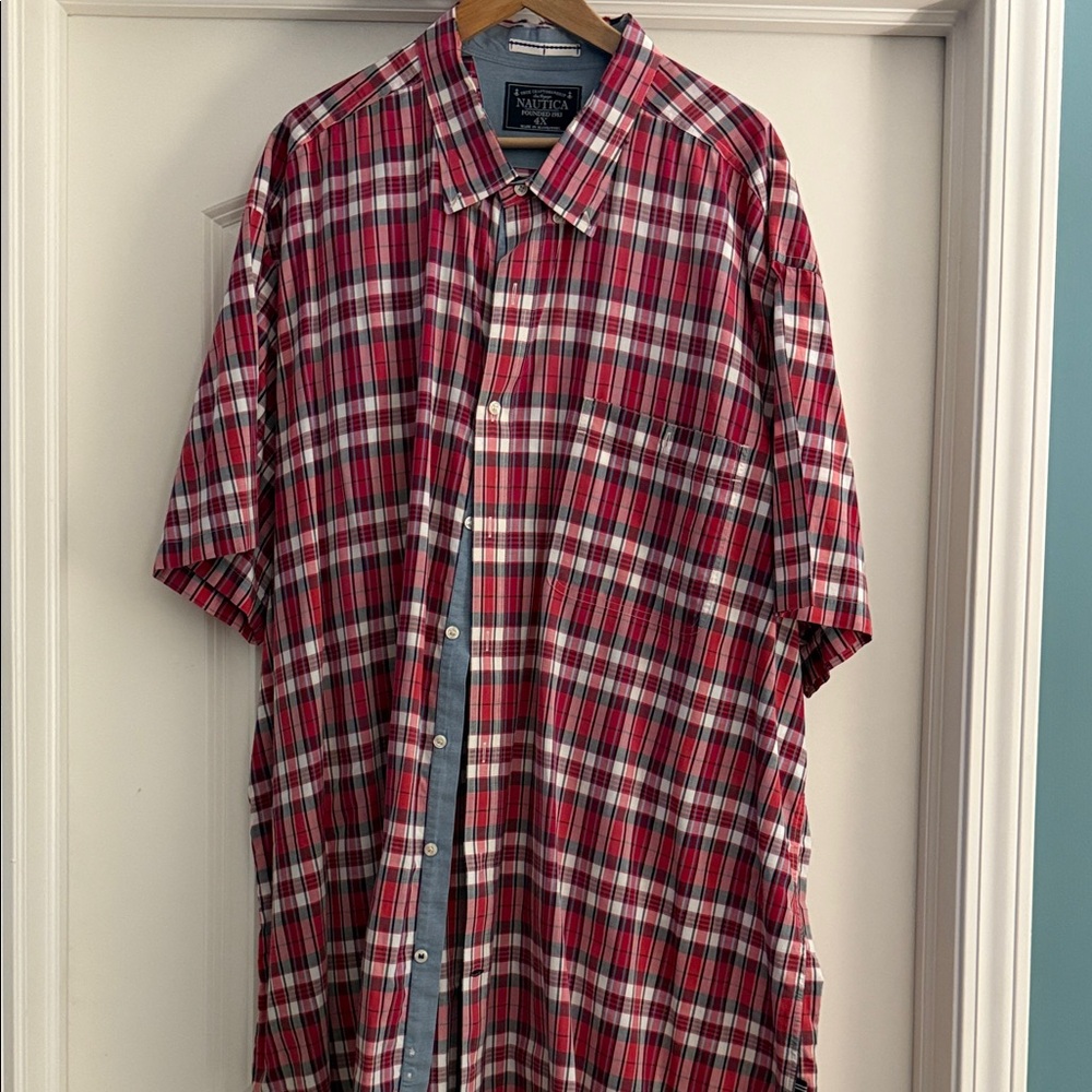 Nautica Men's Red, Blue  and White Plaid Button Down Shirt